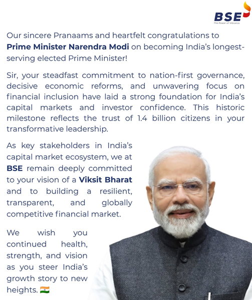 BSE India congratulates Modi on longest serving PM  